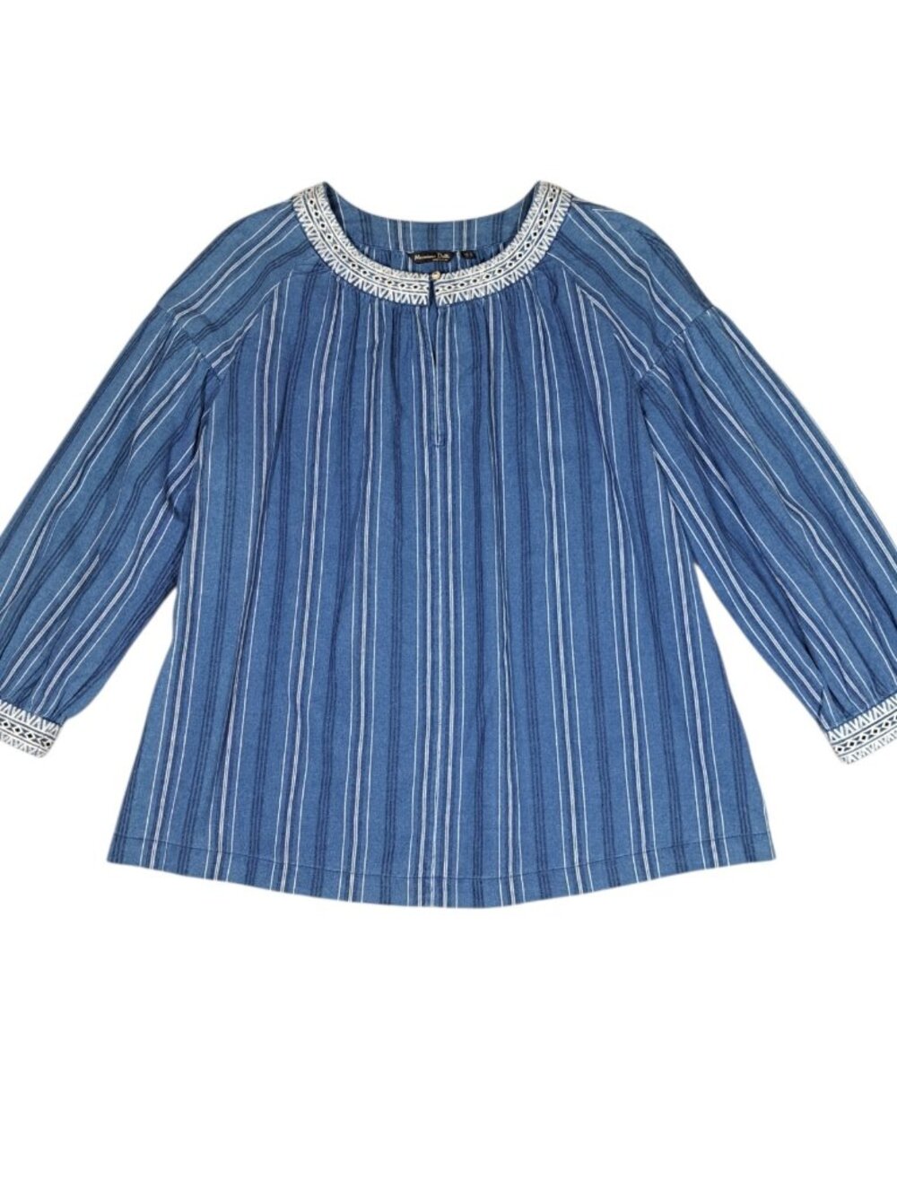 Massimo Dutti Womens Top Blouse M Blue Striped Embroidered Chambray Coastal Boho
